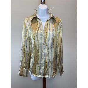 Cache Satin Chain Link Button Down Top Size S Gold Pattern Old Money Style